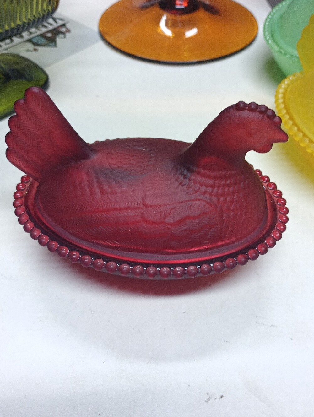 Small Red Glass Hen on Nest With A Lovely Satin Finish